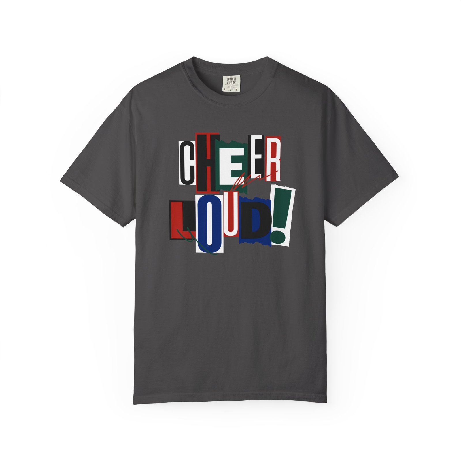 cheer loud! graphic tee — bold retro scrapbooking style design on comfort colors 1717 tee
