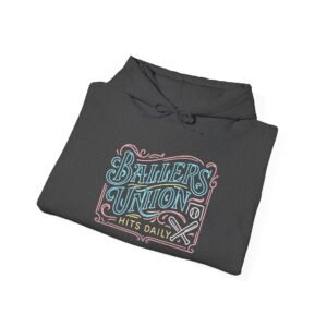 ballers union softball hoodie — 'ballers union hits daily' retro neon sign style hooded sweatshirt