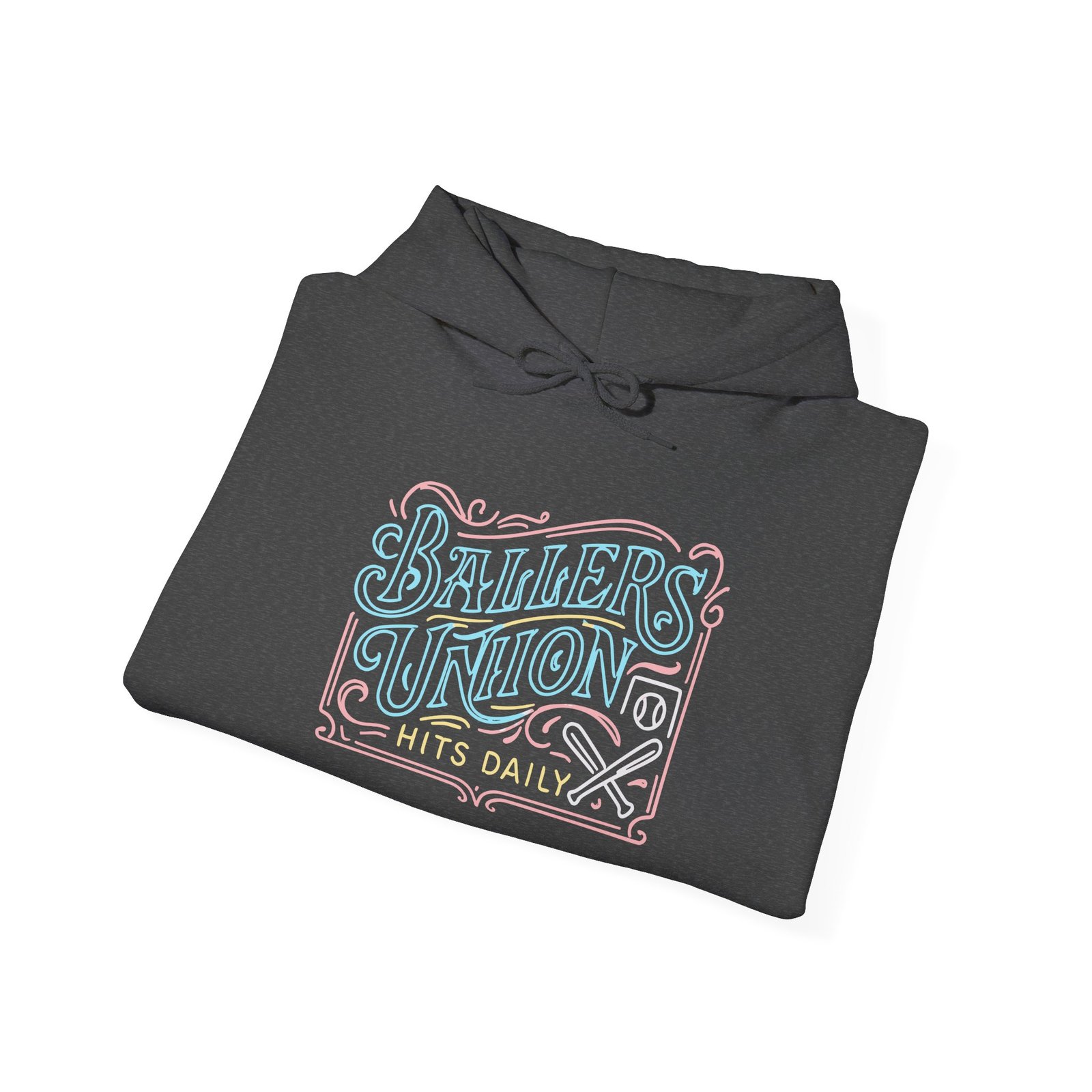 ballers union softball hoodie — 'ballers union hits daily' retro neon sign style hooded sweatshirt