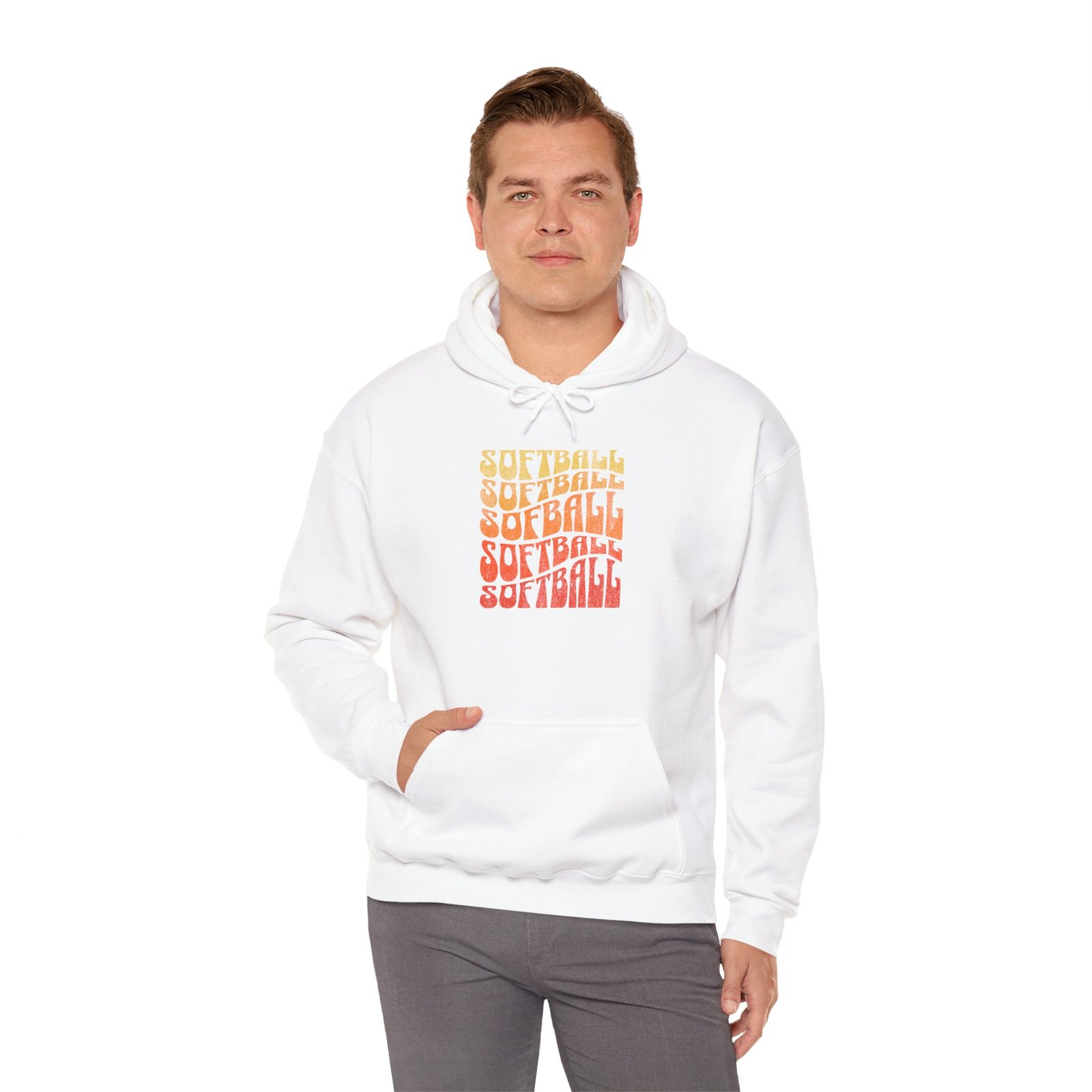 softball retro stack hoodie — vintage sunset gradient softball graphic hooded sweatshirt