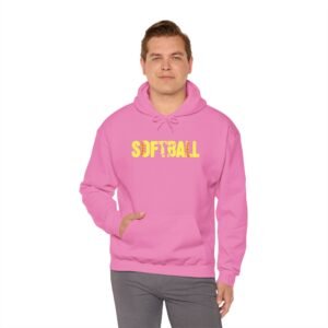 softball graphic hoodie — yellow stitch lettering in softball yellow hooded sweatshirt