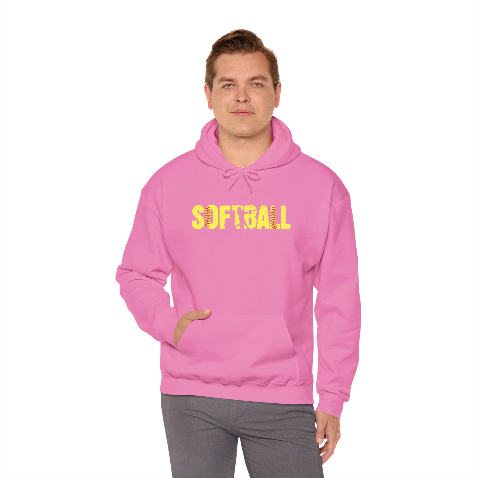softball graphic hoodie — yellow stitch lettering in softball yellow hooded sweatshirt