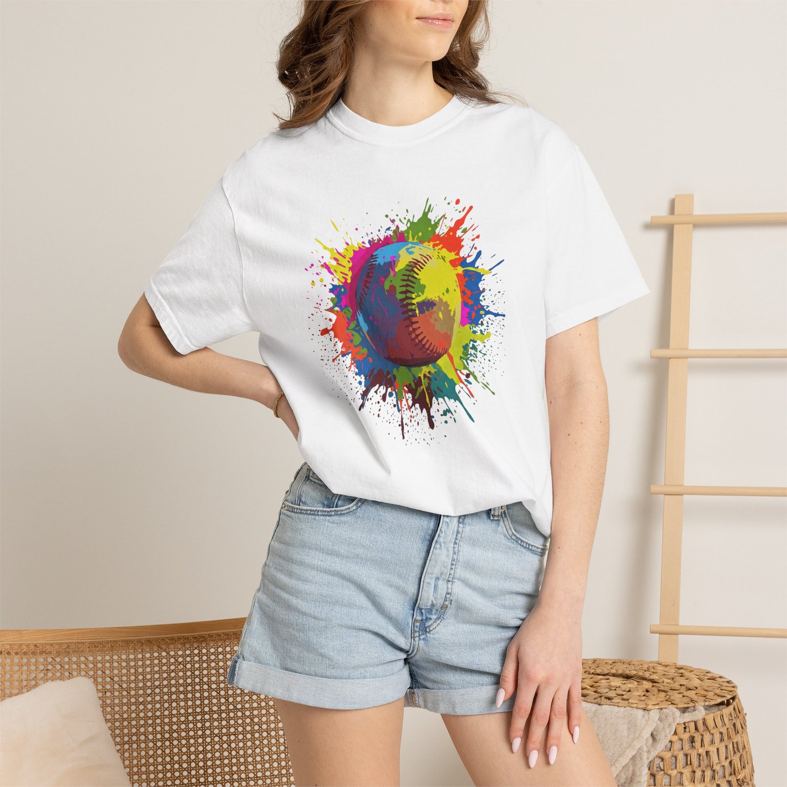 color splash softball tee — vibrant crewneck softball graphic on comfort colors 1717 shirt