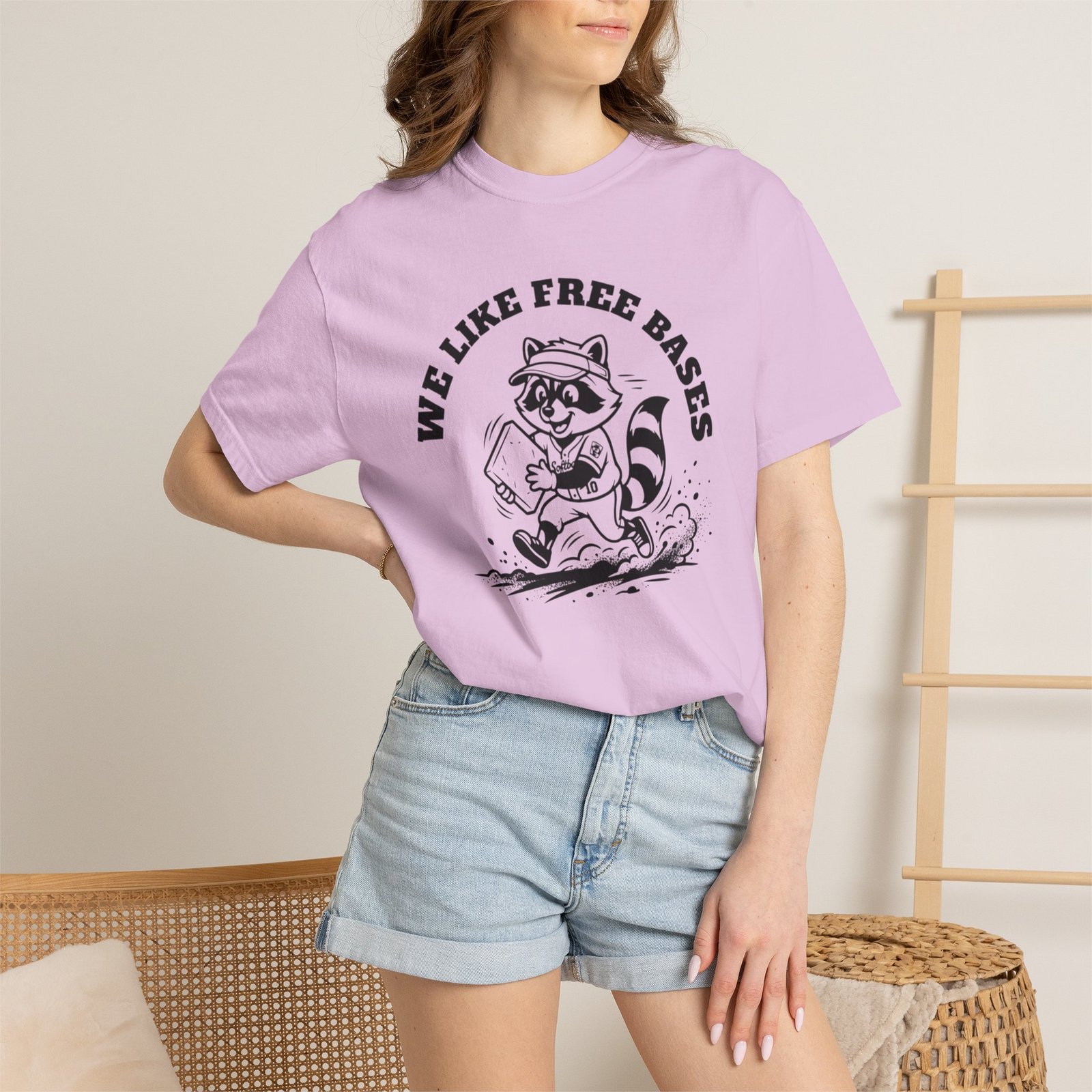 we like free bases softball raccoon graphic on comfort colors 1717 tee