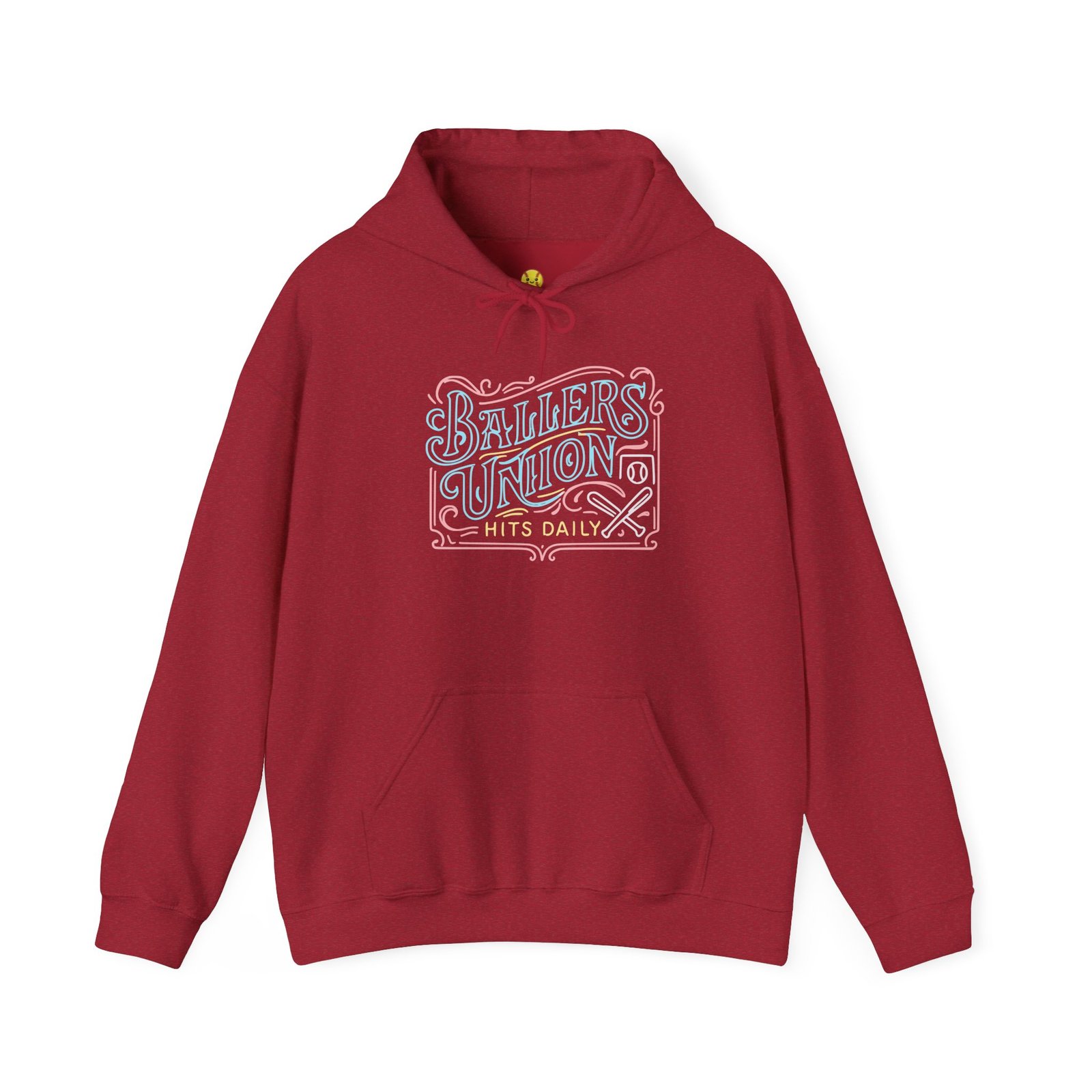 ballers union softball hoodie — 'ballers union hits daily' retro neon sign style hooded sweatshirt