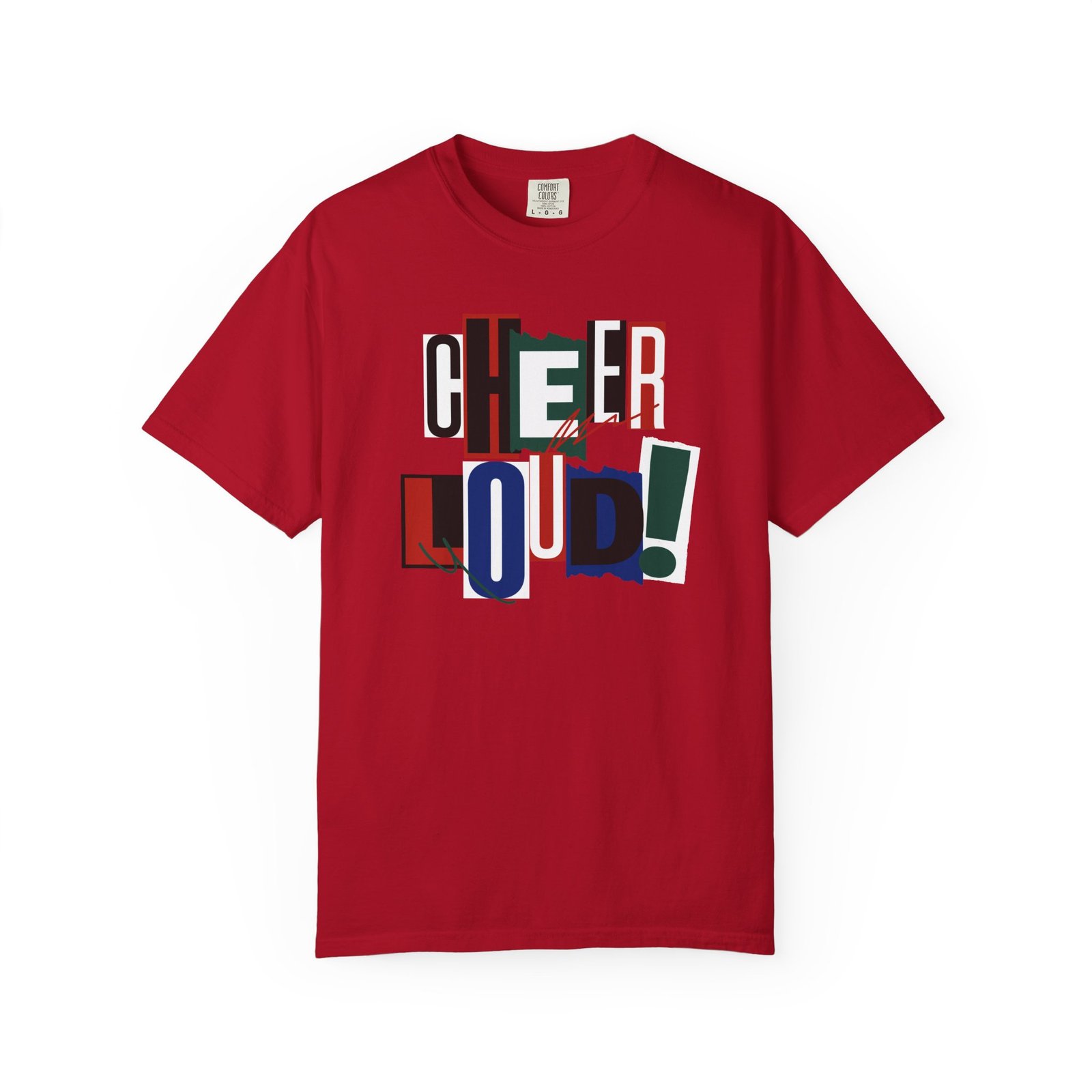 cheer loud! graphic tee — bold retro scrapbooking style design on comfort colors 1717 tee