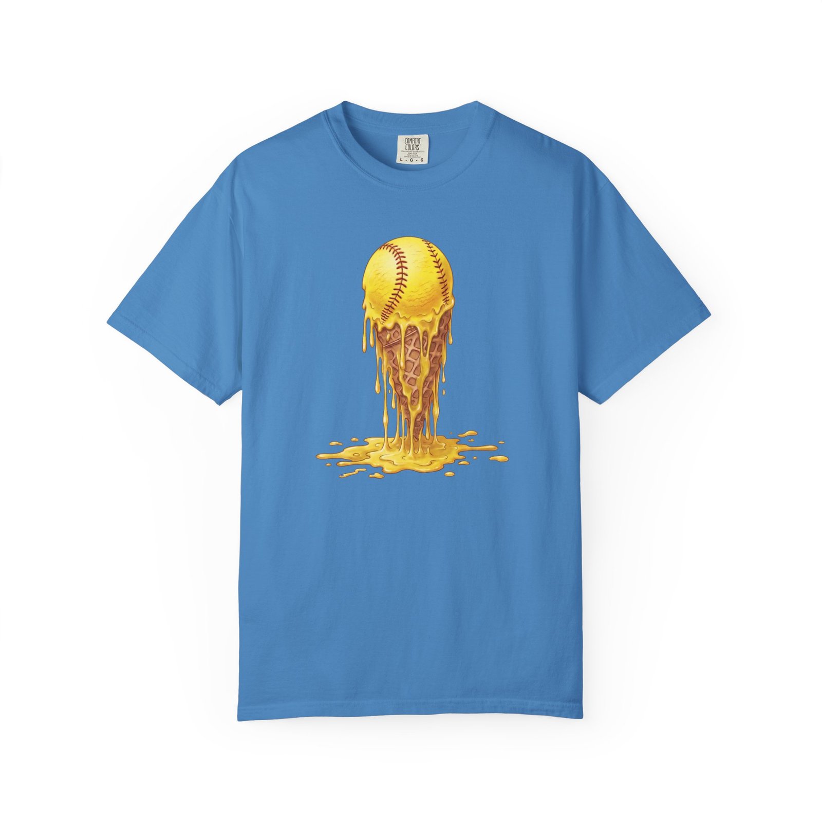 melting softball t‑shirt — dripping softball ice cream graphic on comfort colors 1717 tee