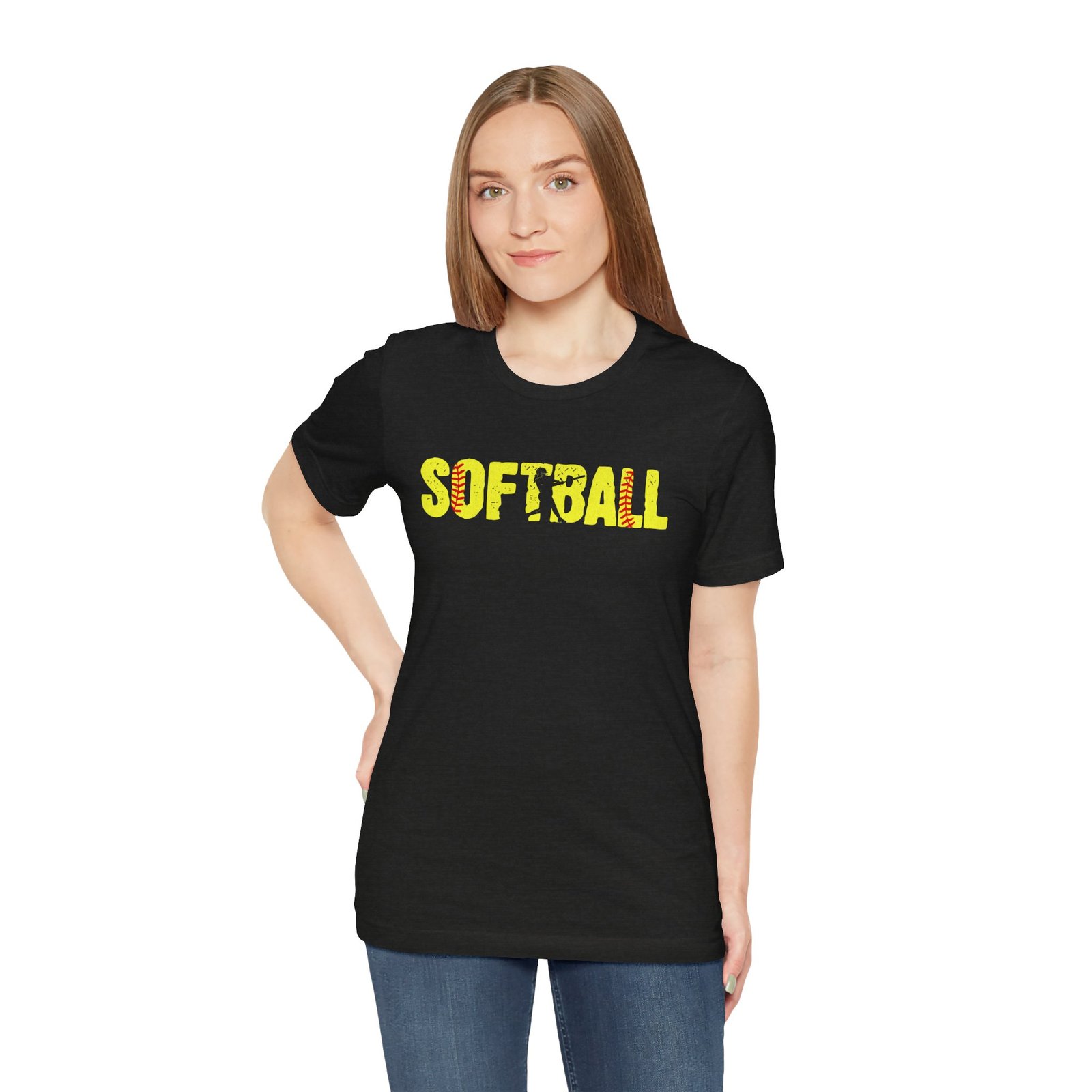 softball graphic tee — yellow stitch lettering in softball yellow tee shirt