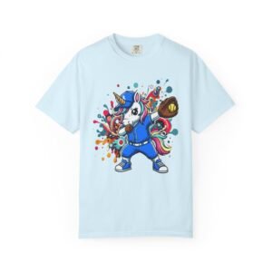 dabbing unicorn softball tee — colorful graphic t shirt design on comfort colors 1717 shirt