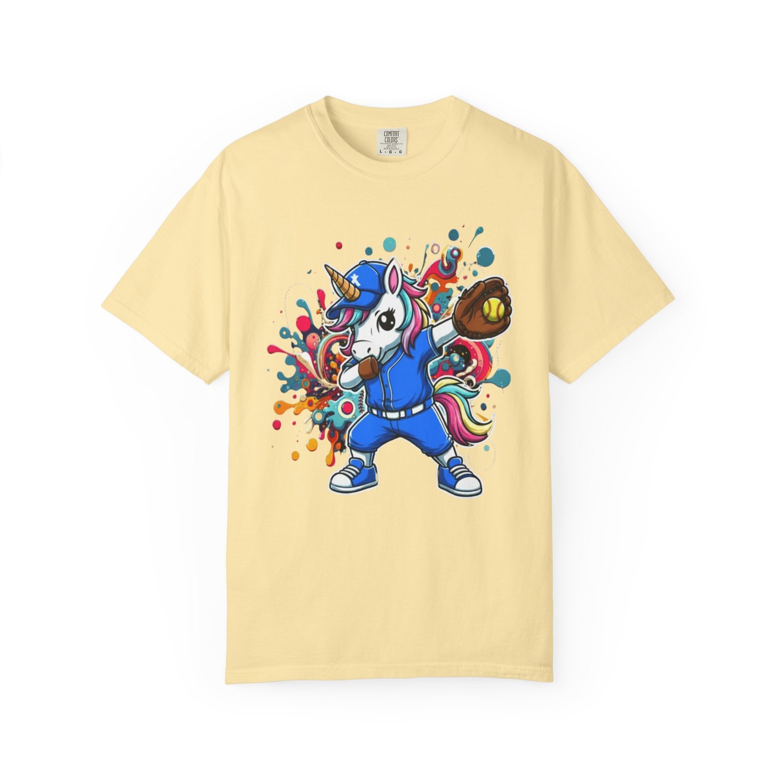 dabbing unicorn softball tee — colorful graphic t shirt design on comfort colors 1717 shirt