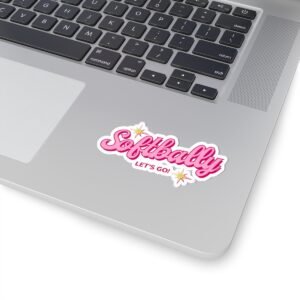 softbally kiss cut sticker — pink retro “softbally let’s go!” laptop decal