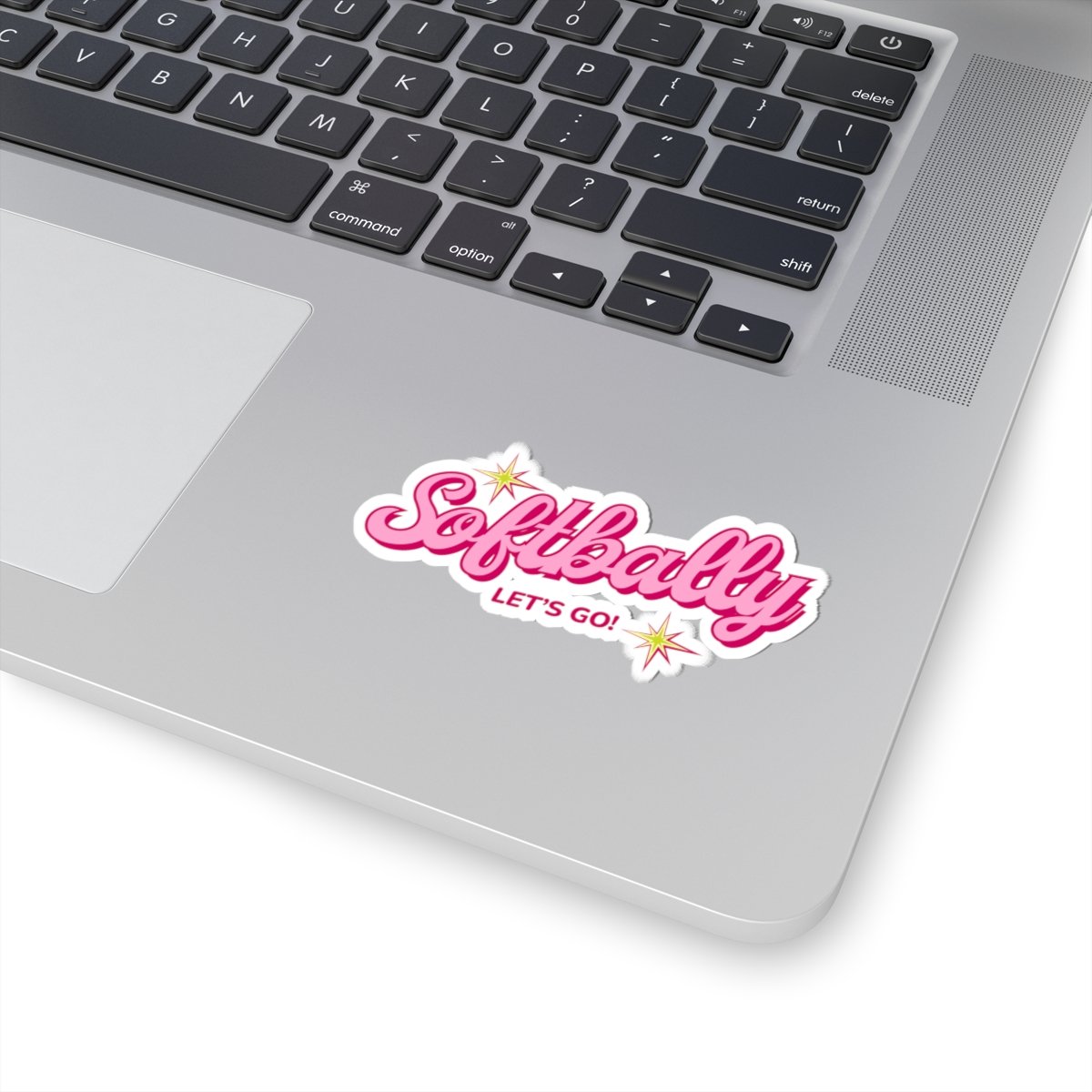 softbally kiss cut sticker — pink retro “softbally let’s go!” laptop decal