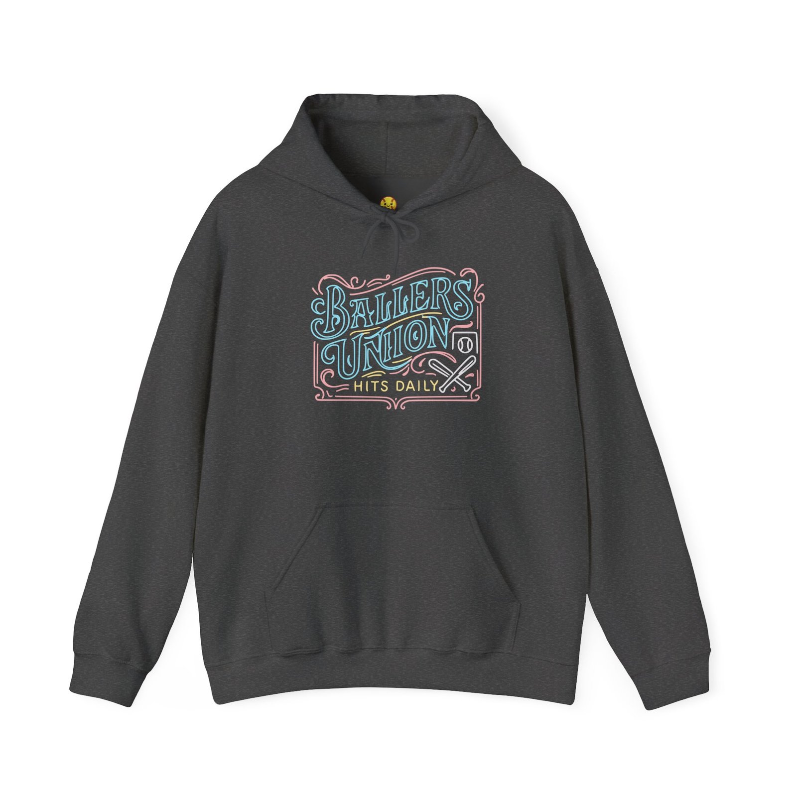 ballers union softball hoodie — 'ballers union hits daily' retro neon sign style hooded sweatshirt