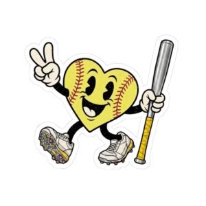 softball heart mascot sticker — softball bat peace sign kiss cut decal for laptops & water bottles