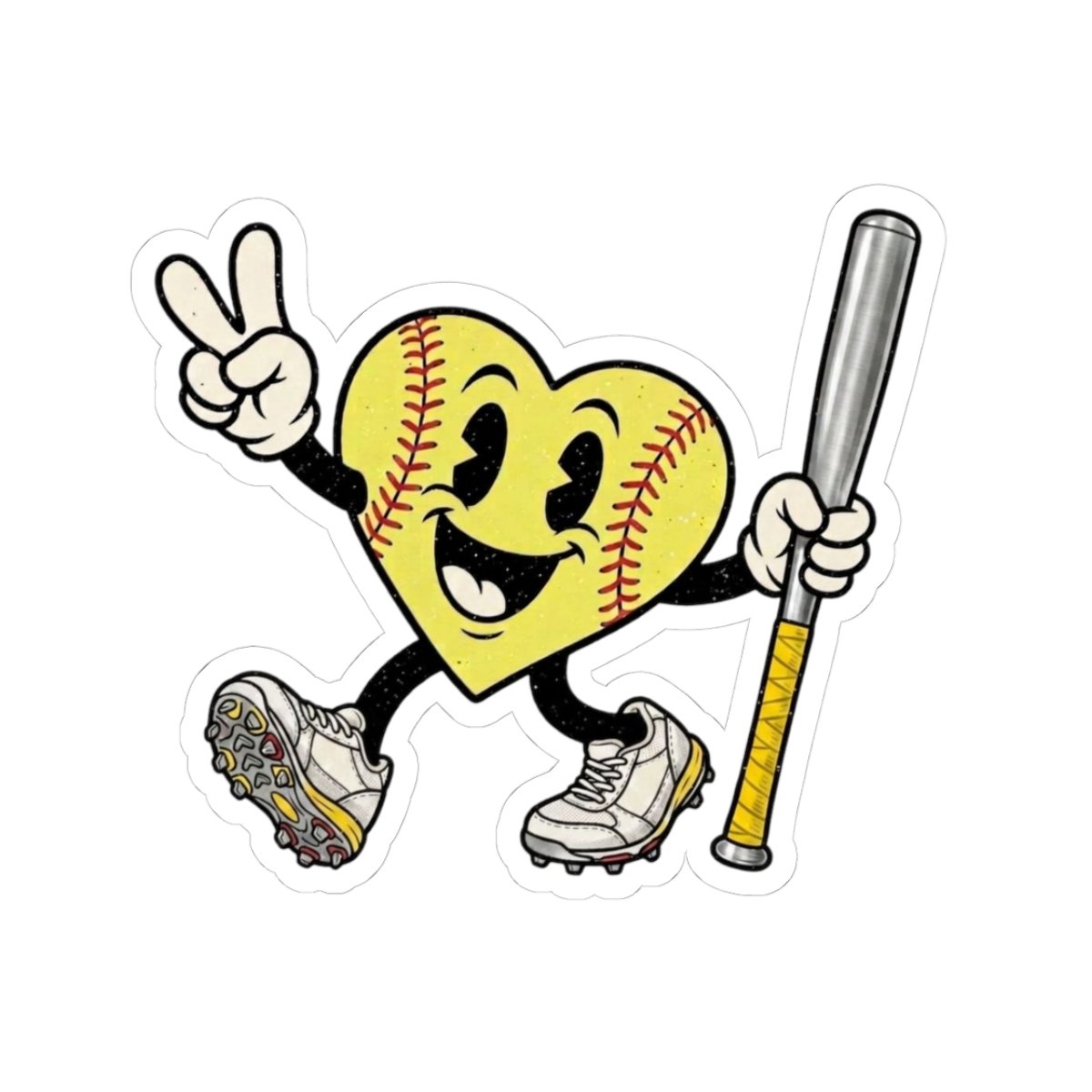 softball heart mascot sticker — softball bat peace sign kiss cut decal for laptops & water bottles
