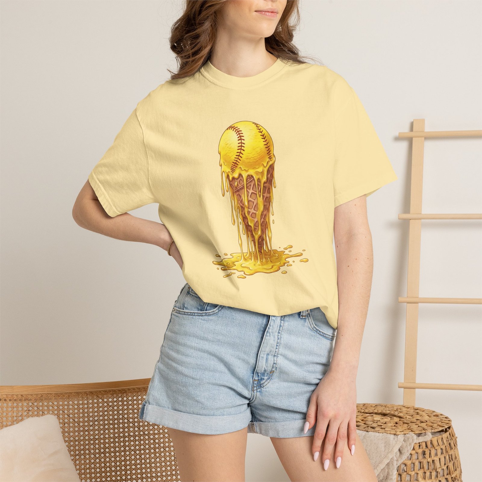 melting softball t‑shirt — dripping softball ice cream graphic on comfort colors 1717 tee