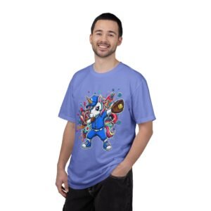 dabbing unicorn softball tee — colorful graphic t shirt design on comfort colors 1717 shirt