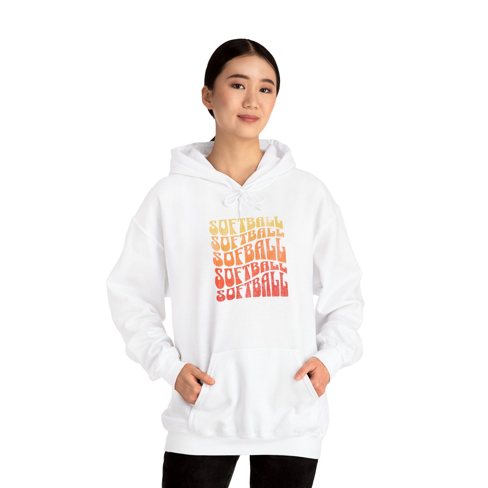 softball retro stack hoodie — vintage sunset gradient softball graphic hooded sweatshirt
