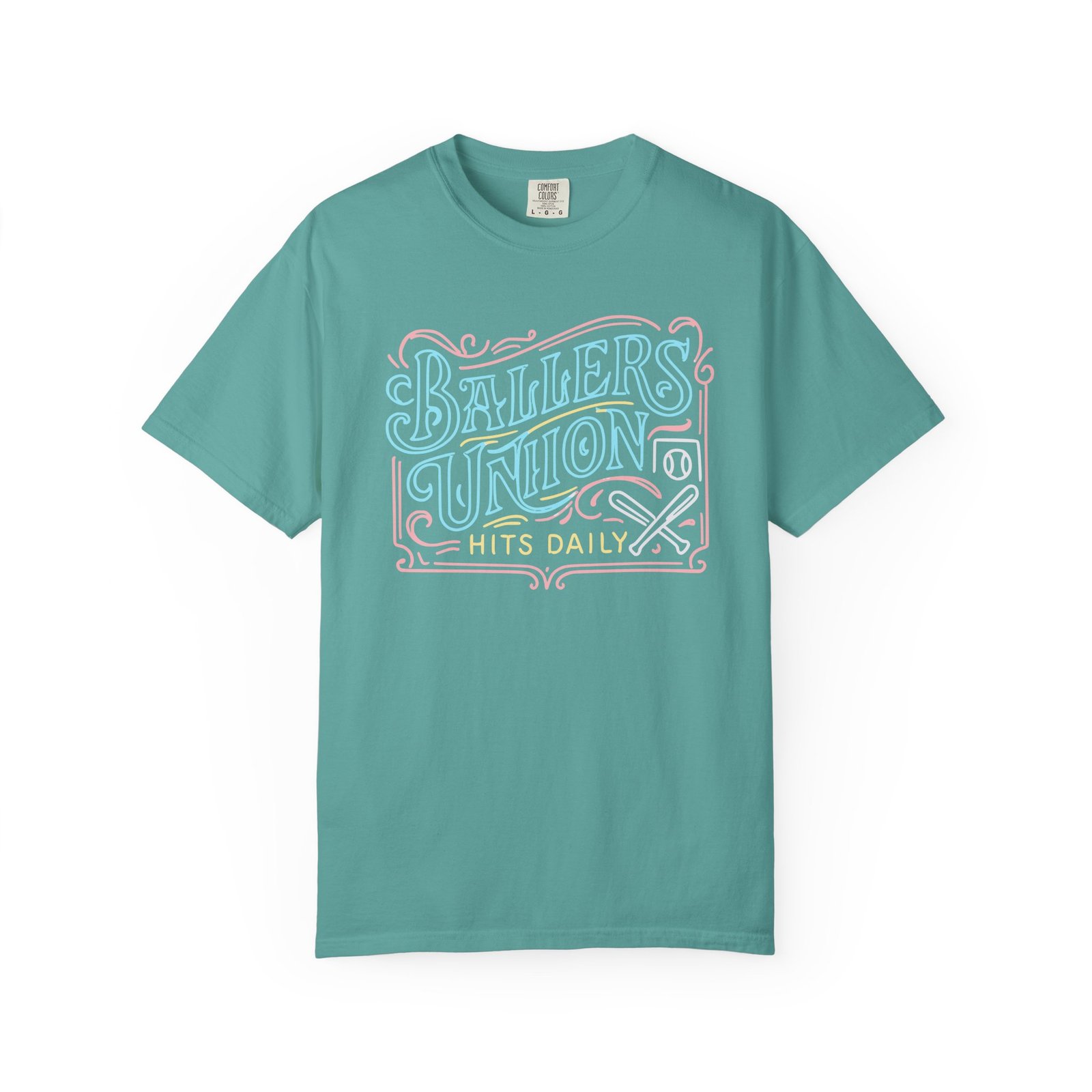 ballers union tee — 'ballers union hits daily' retro neon sign style design on comfort colors 1717 t‑shirt