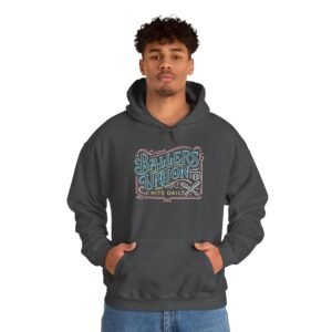 ballers union softball hoodie — 'ballers union hits daily' retro neon sign style hooded sweatshirt