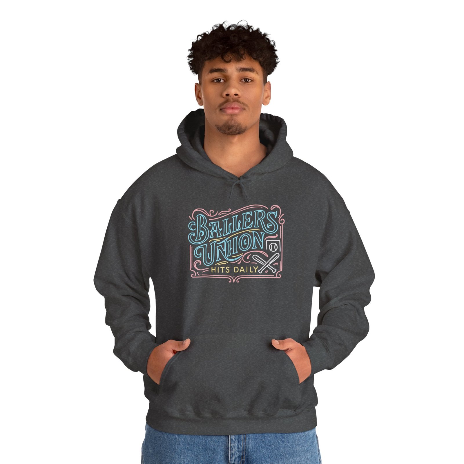 ballers union softball hoodie — 'ballers union hits daily' retro neon sign style hooded sweatshirt