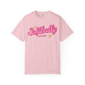 softbally “let’s go!” tee — bubble gum retro softball design on comfort colors 1717 t shirt