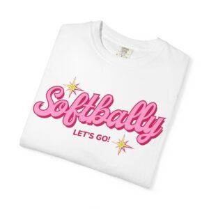softbally “let’s go!” tee — bubble gum retro softball design on comfort colors 1717 t shirt
