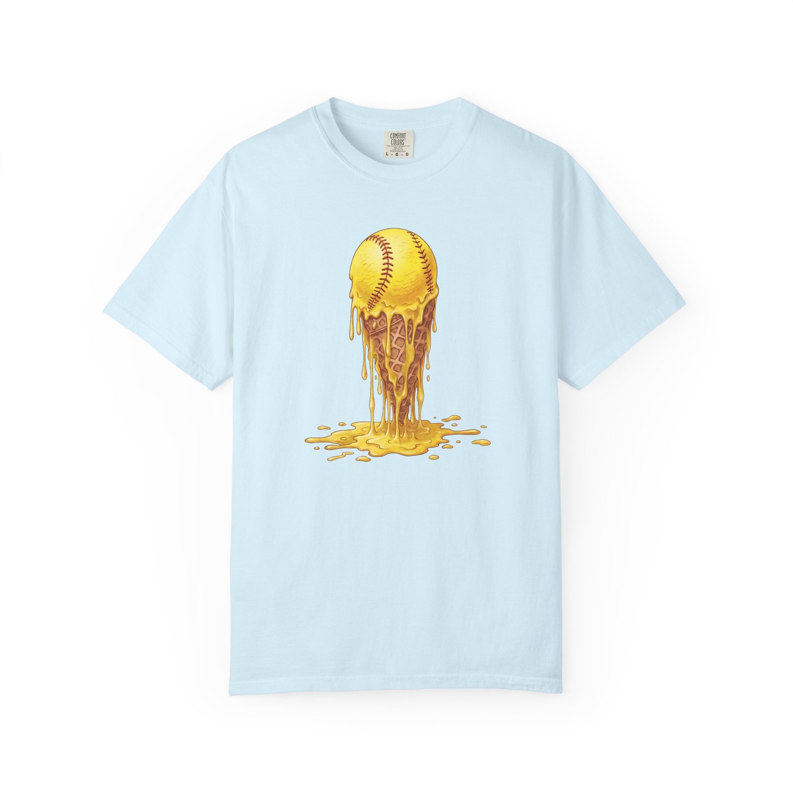 melting softball t‑shirt — dripping softball ice cream graphic on comfort colors 1717 tee
