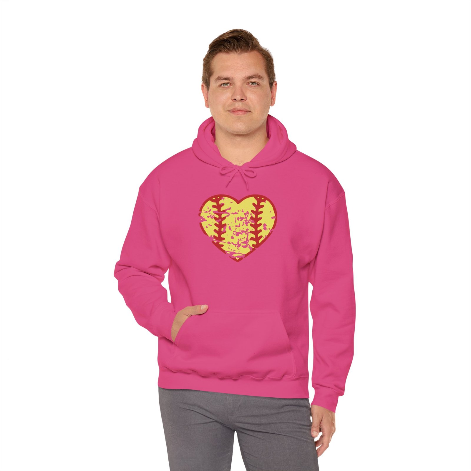 softball heart vintage graphic hoodie — yellow and red retro softball love hooded sweatshirt