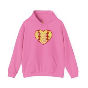 softball heart vintage graphic hoodie — yellow and red retro softball love hooded sweatshirt