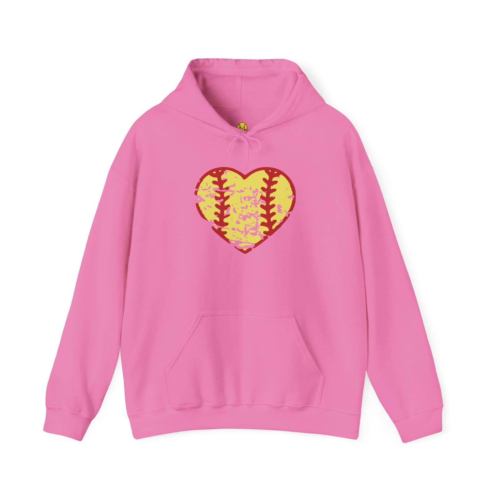 softball heart vintage graphic hoodie — yellow and red retro softball love hooded sweatshirt