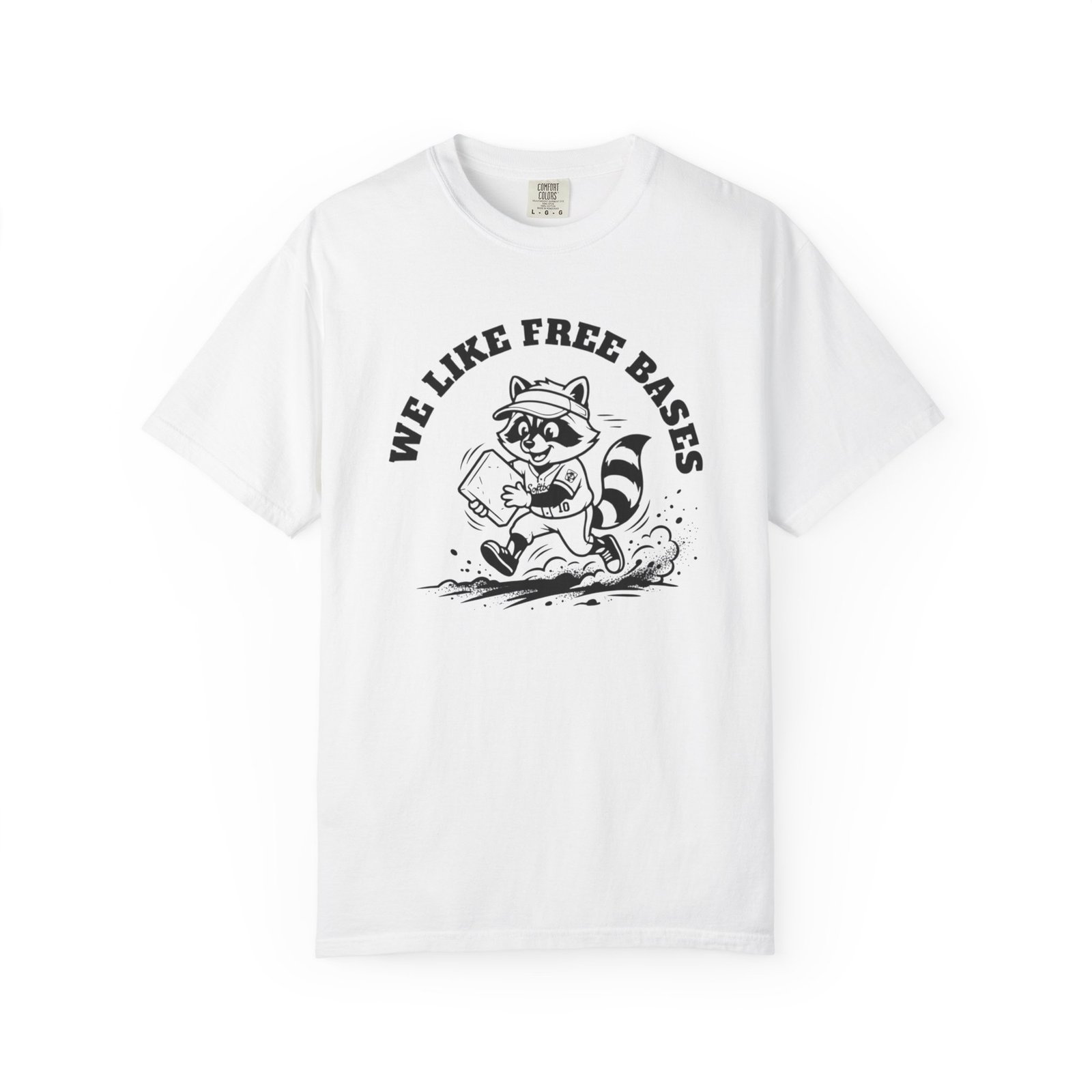 we like free bases softball raccoon graphic on comfort colors 1717 tee