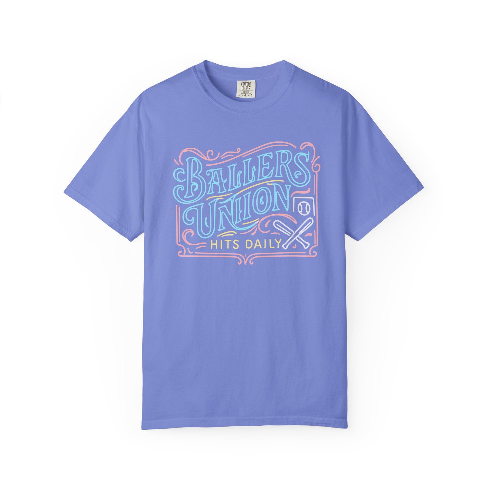 ballers union tee — 'ballers union hits daily' retro neon sign style design on comfort colors 1717 t‑shirt