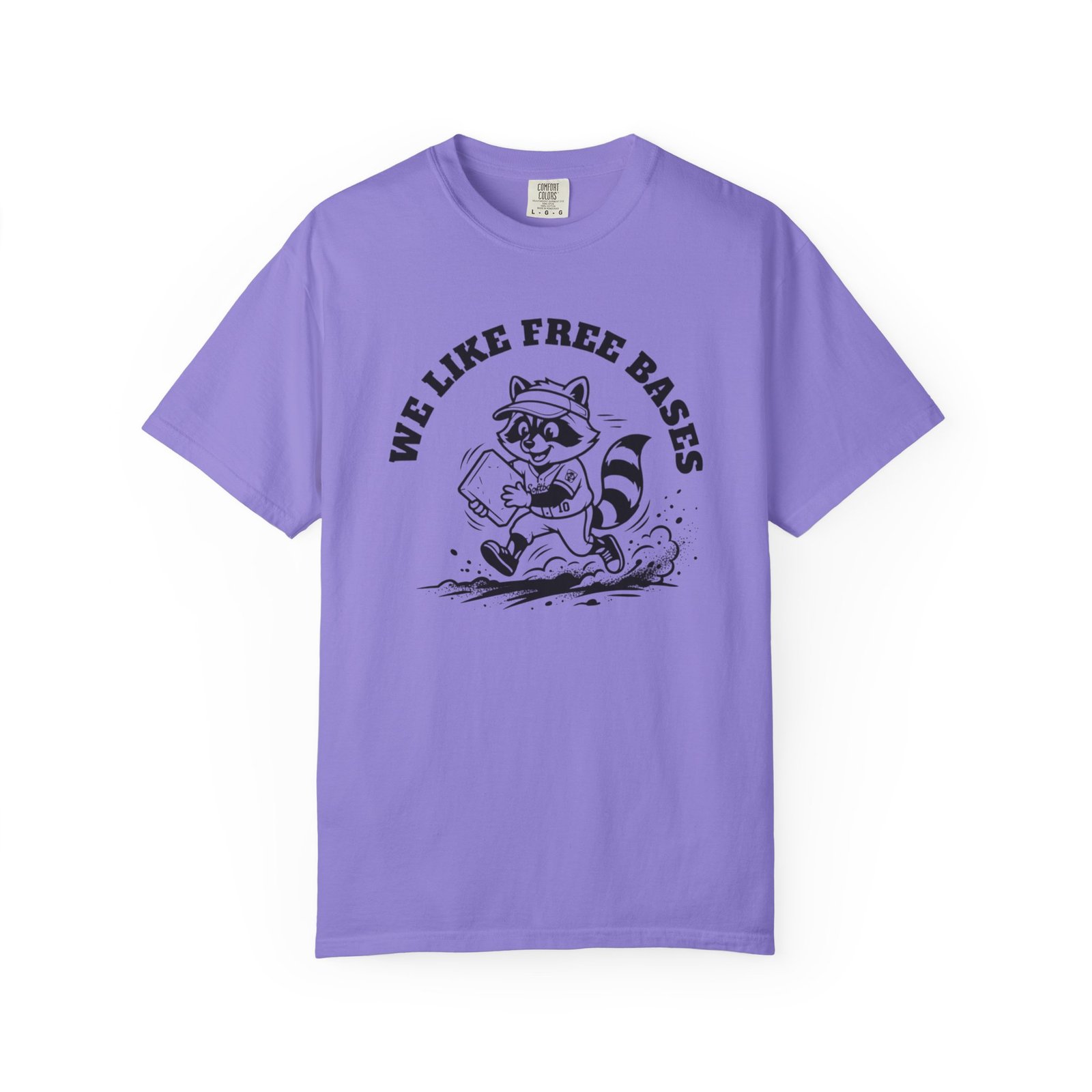 we like free bases softball raccoon graphic on comfort colors 1717 tee