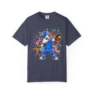 dabbing unicorn softball tee — colorful graphic t shirt design on comfort colors 1717 shirt