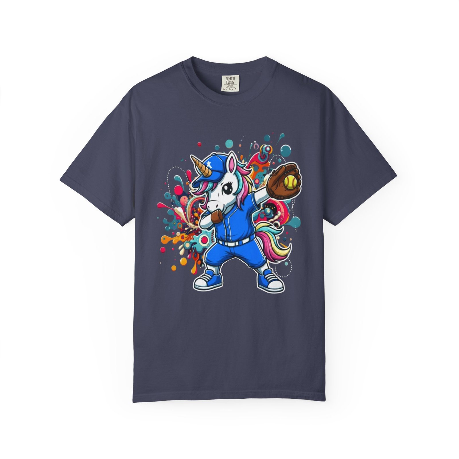 dabbing unicorn softball tee — colorful graphic t shirt design on comfort colors 1717 shirt