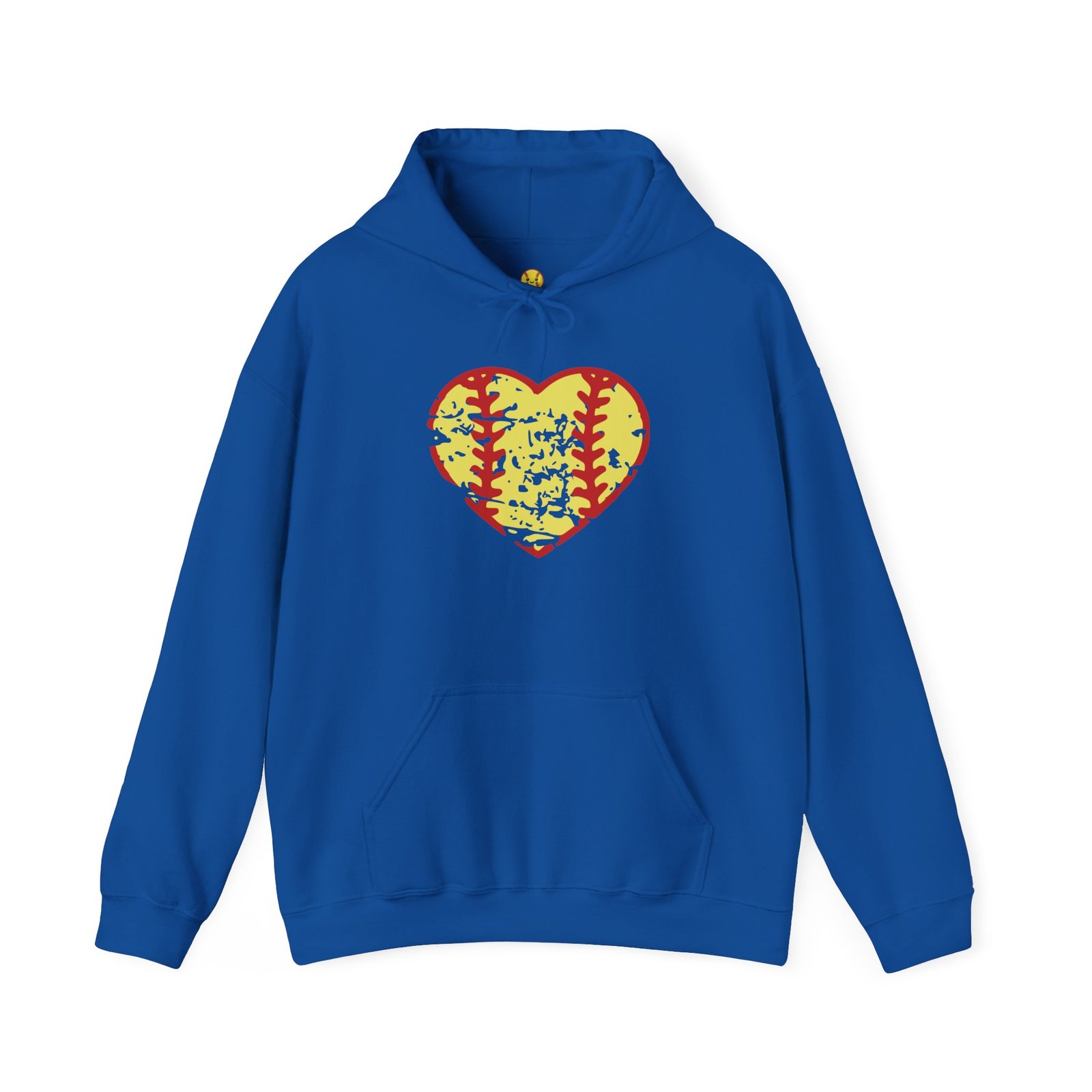 softball heart vintage graphic hoodie — yellow and red retro softball love hooded sweatshirt