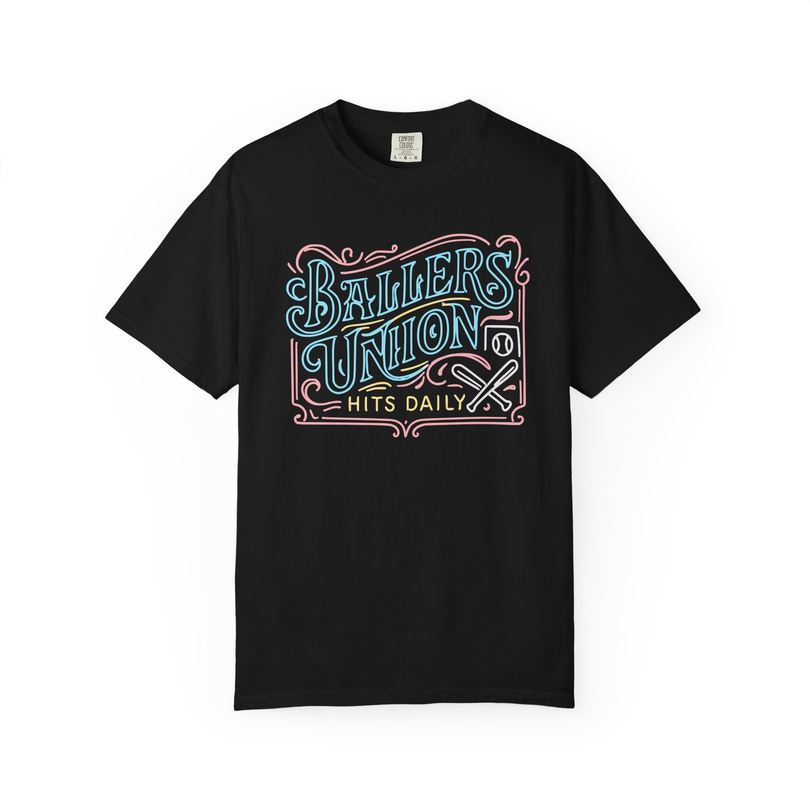 ballers union tee — 'ballers union hits daily' retro neon sign style design on comfort colors 1717 t‑shirt