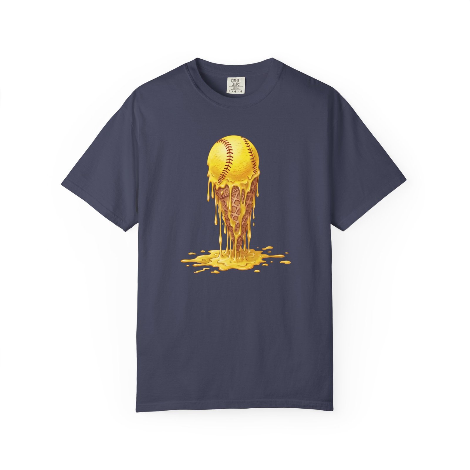 melting softball t‑shirt — dripping softball ice cream graphic on comfort colors 1717 tee