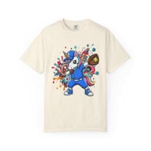 dabbing unicorn softball tee — colorful graphic t shirt design on comfort colors 1717 shirt