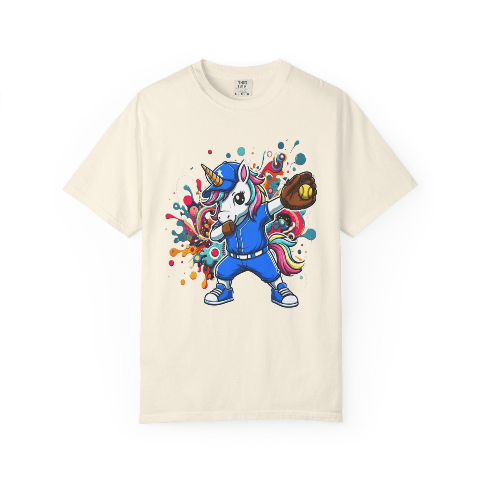 dabbing unicorn softball tee — colorful graphic t shirt design on comfort colors 1717 shirt