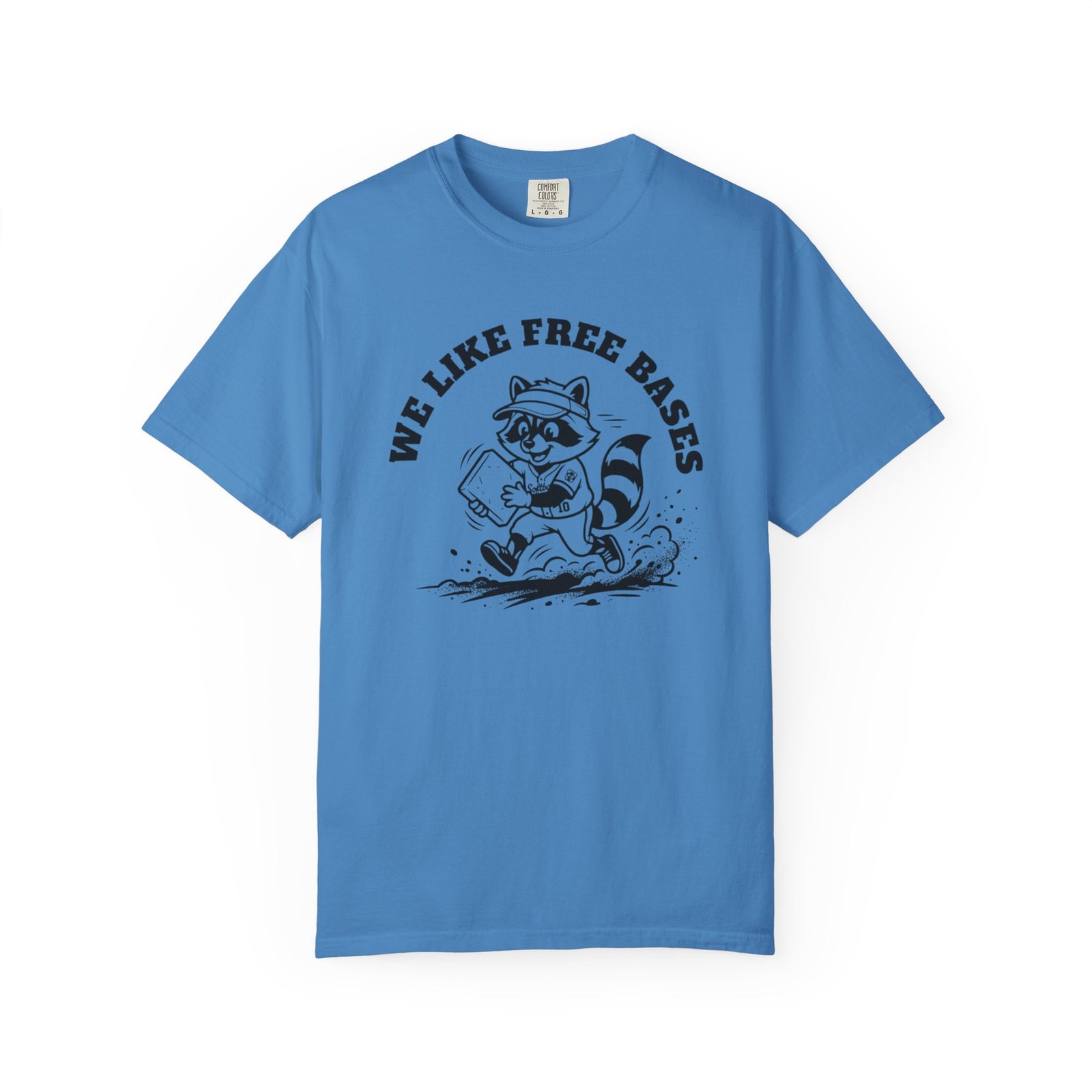 we like free bases softball raccoon graphic on comfort colors 1717 tee