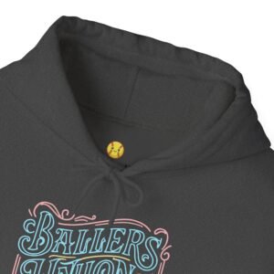 ballers union softball hoodie — 'ballers union hits daily' retro neon sign style hooded sweatshirt