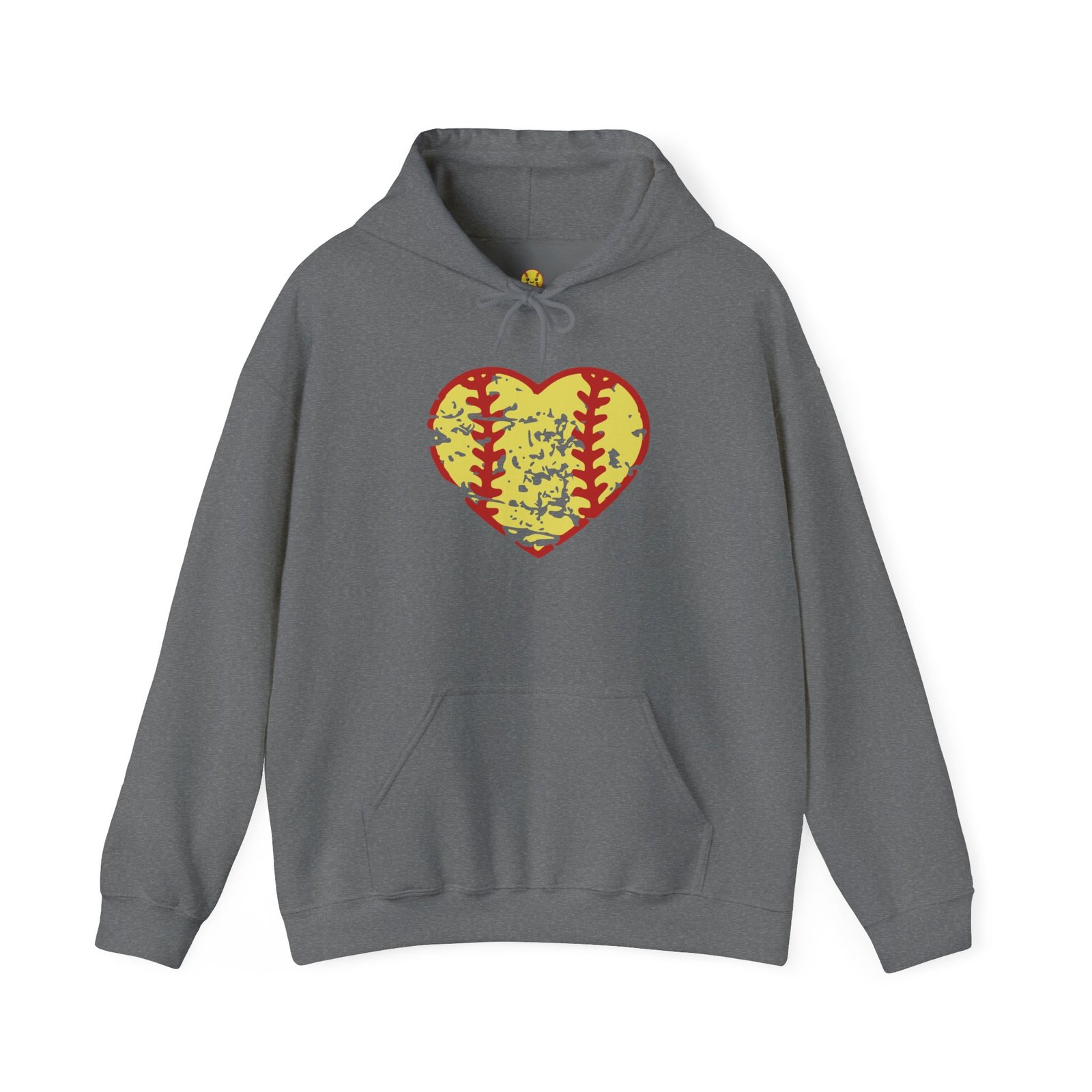 softball heart vintage graphic hoodie — yellow and red retro softball love hooded sweatshirt