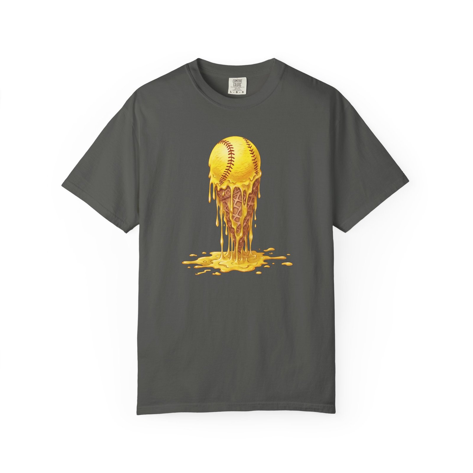 melting softball t‑shirt — dripping softball ice cream graphic on comfort colors 1717 tee