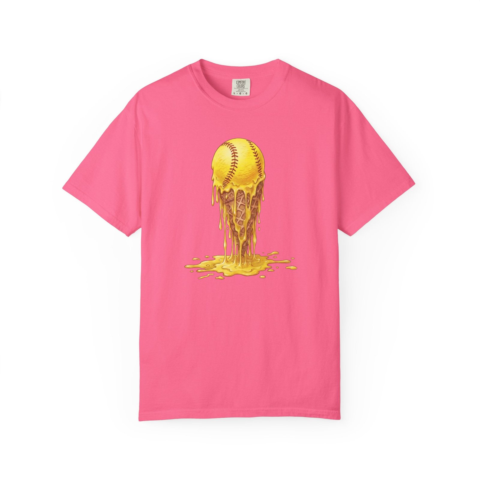 melting softball t‑shirt — dripping softball ice cream graphic on comfort colors 1717 tee