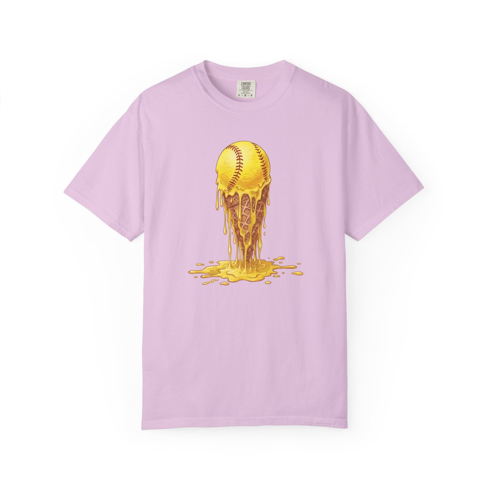 melting softball t‑shirt — dripping softball ice cream graphic on comfort colors 1717 tee