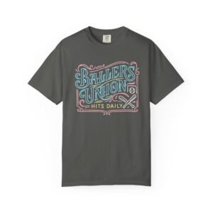 ballers union tee — 'ballers union hits daily' retro neon sign style design on comfort colors 1717 t‑shirt