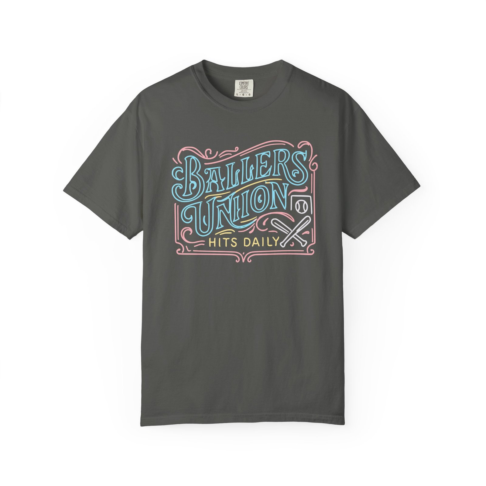 ballers union tee — 'ballers union hits daily' retro neon sign style design on comfort colors 1717 t‑shirt