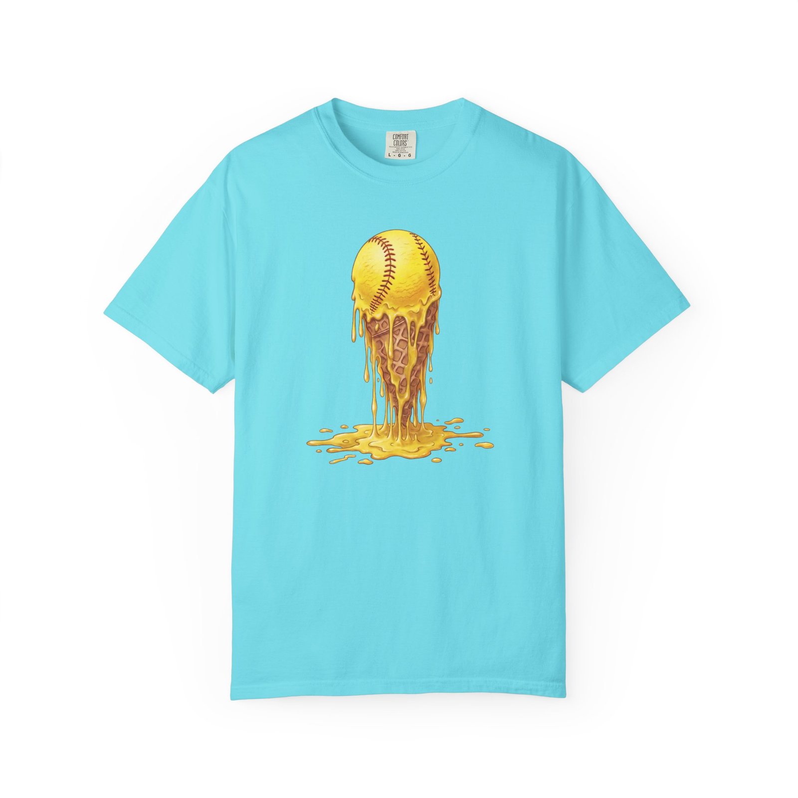 melting softball t‑shirt — dripping softball ice cream graphic on comfort colors 1717 tee